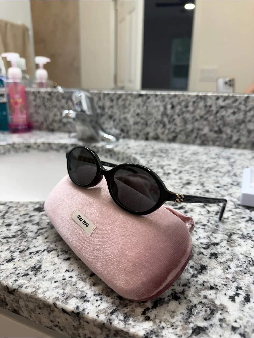 Miu Miu Black Round Sunglasses with Pink Velvet Case Like New Original